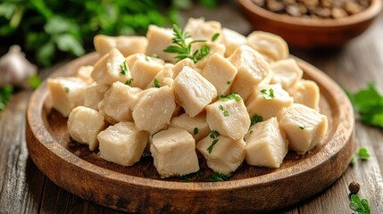 Fototapeta premium Cooked chicken cubes, wooden plate, herbs, kitchen
