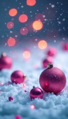 Pink bokeh balls scattered on icy Christmas background with empty space, pink, empty space, christmas