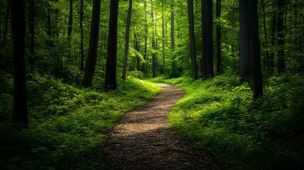Fototapeta premium Tranquil Forest Pathway Embraced by Lush Greenery for Eco-Tourism Adventures – Generative AI