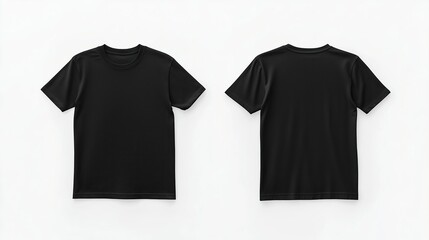 Black T-Shirt flat lay, front and back view, clean white background, studio lighting setup