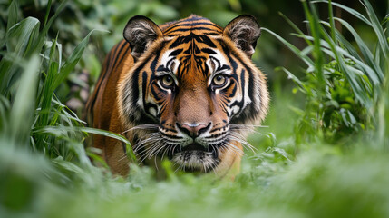 Obraz premium tiger prowling through tall grass in jungle, showcasing its striking features and intense gaze