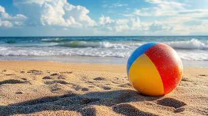 Obraz premium Beach Ball Bliss: A Colorful Beach Ball Lies Abandoned on the Sandy Shore, Beckoning for Playful Fun in the Sun