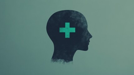 Obraz premium Bright Green Plus Icon Centered in Silhouette of Head Symbolizing Mental Positivity in Vector Style for Wellness and Health Themes