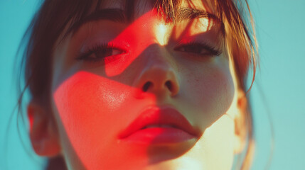 Fototapeta premium Close-up portrait of a woman with vibrant colors in natural light during sunset