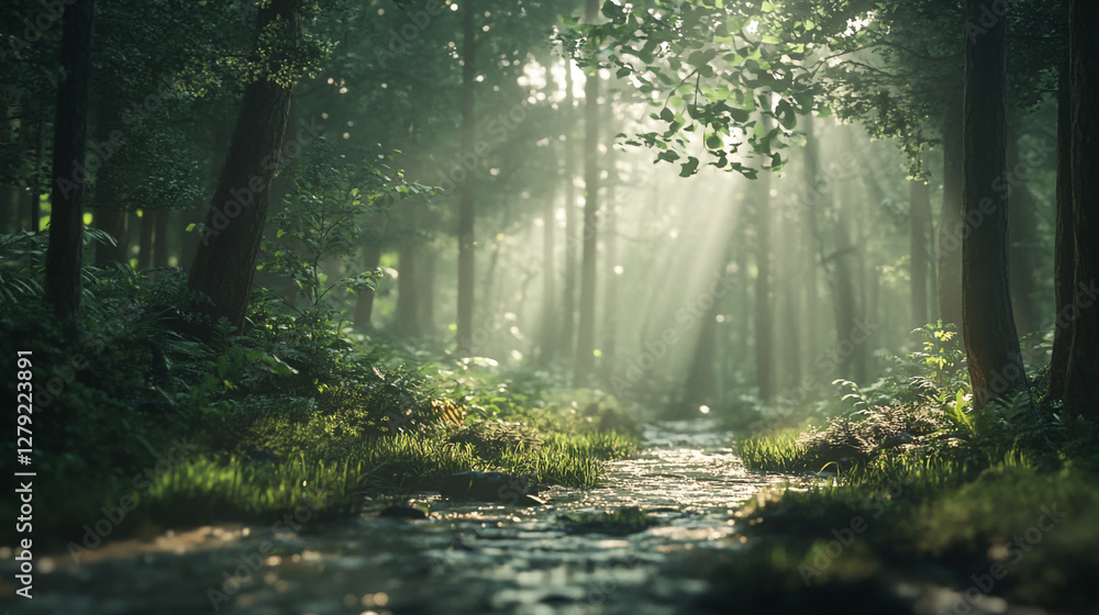 Poster sunlight filters through trees in a tranquil forest stream at dawn