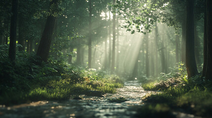 Fototapeta premium Sunlight filters through trees in a tranquil forest stream at dawn