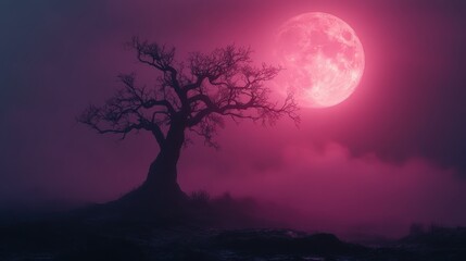 Eerie silhouette of a haunting tree beneath a glowing purple moonlight