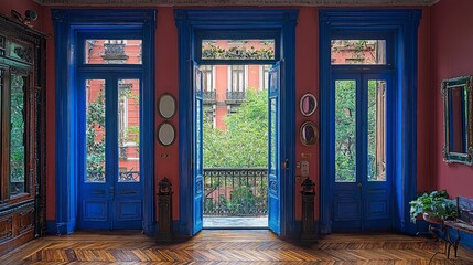 Colorful interior hallway with open doors to a courtyard