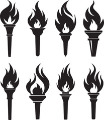set of fire torch silhouette, black and white silhouette, vector and illustration