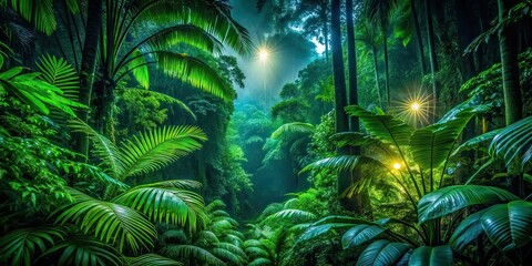 Lush Green Tropical Forest Night Photography, Nature Leaves, Dreamy