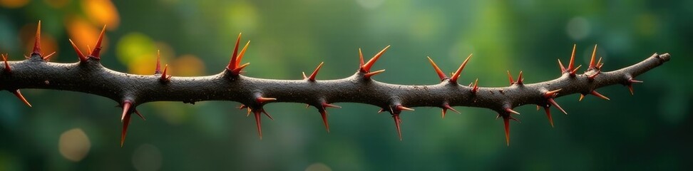 Fototapeta premium Prickly thorny branch with some leaves but mostly bare, bushy, thorns