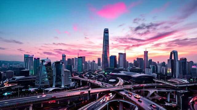 Drone shot of futuristic city skyline at sunrise with smooth traffic