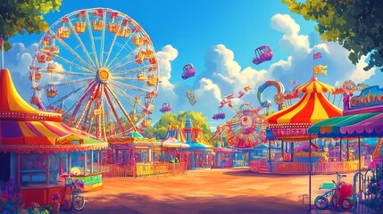   Whimsy and Wonder: A Vibrant Amusement Park Beckons with its Thrilling Rides and Playful Atmosphere Under a Sunny Sky