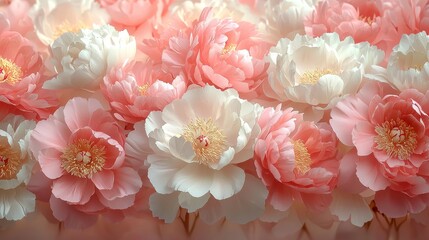 Floral display of soft pink and white peonies indoor setting photography gentle mood close-up beauty