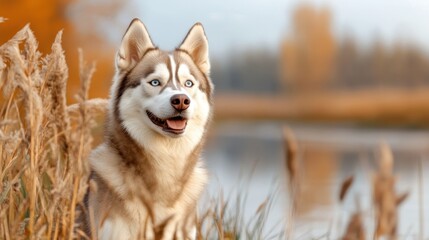Siberian husky with striking blue eyes in an autumn landscape