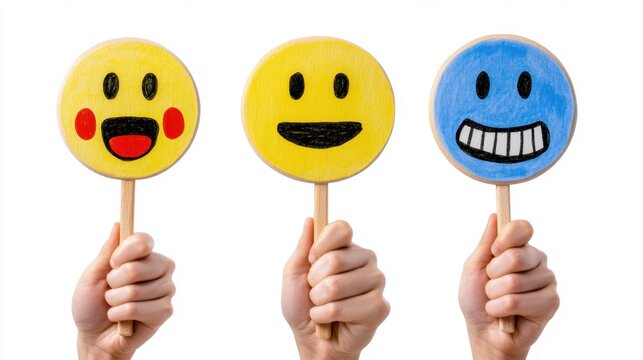 Three hands hold round colorful signs with painted emoticon faces expressing happiness, joy, and contentment against a plain background. The image