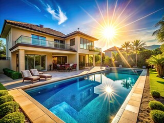 Fototapeta premium Luxurious Home Exterior Pool Sunny Day Blue Sky Dreamy Vacation