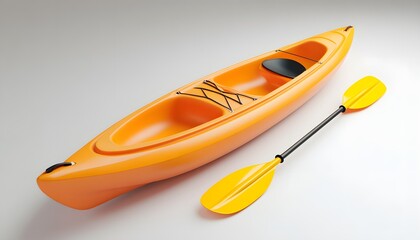Orange kayak with yellow paddle on a plain background