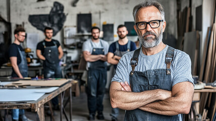 Experienced carpenter leading team in workshop, showcasing craftsmanship and teamwork. atmosphere reflects dedication and skill in woodworking