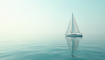 Sailboat with white sail floats on calm water reflecting in flat sea. Clean design composition expressing freedom, peace, adventure for travel concept. Yacht sailing in minimalist, simple background.