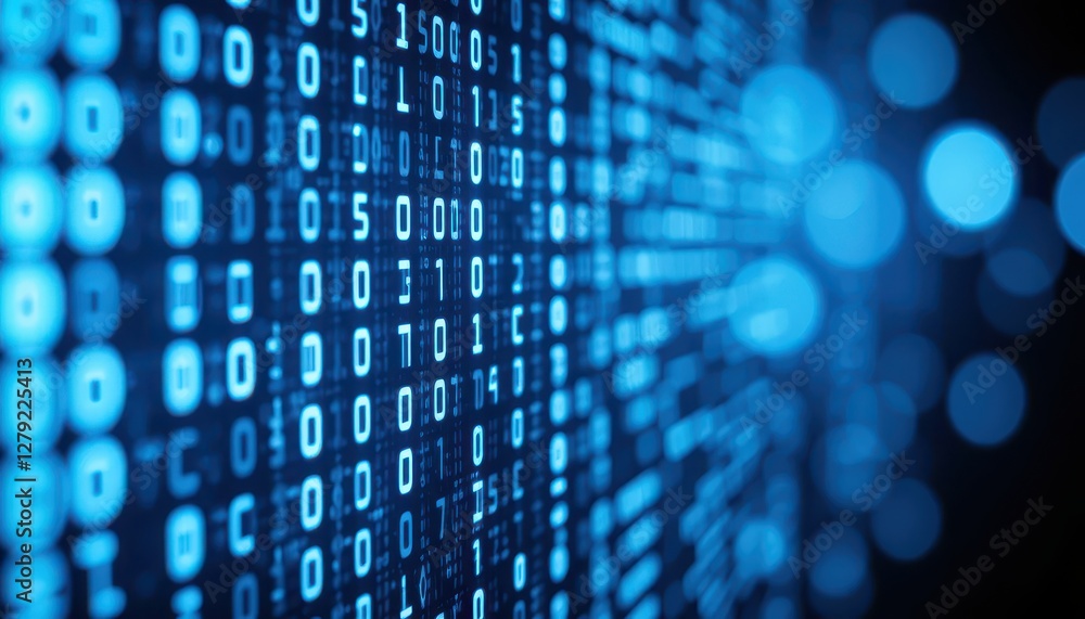 Poster digital binary data stream with glowing blue lights and depth effect