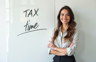 Businesswoman stands near whiteboard with handwritten text tax time looking at camera with crossed arms. She is ready to help with annual tax declaration at workplace.