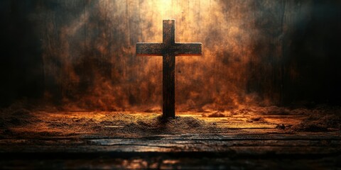 Symbolism of faith with a wooden cross illuminated by warm light in a dimly lit setting