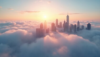 Fototapeta premium High angle view of tall buildings in city covered with clouds, with light sky in morning. Modern cityscape skyline urban tower architecture. Business office buildings and futuristic landmark in fog.