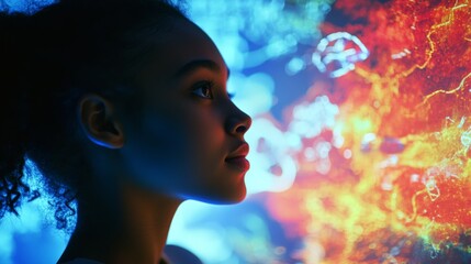 African descent young female analyzing digital data projection in futuristic setting