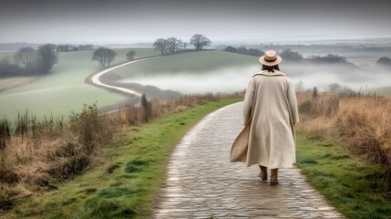 Woman in Beige Coat Walks Down a Stone Path Through Foggy Green Hills
