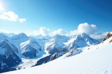 Fototapeta premium Serene mountain slopes covered in white snow beneath a bright blue sky with scattered clouds, snow, landscape