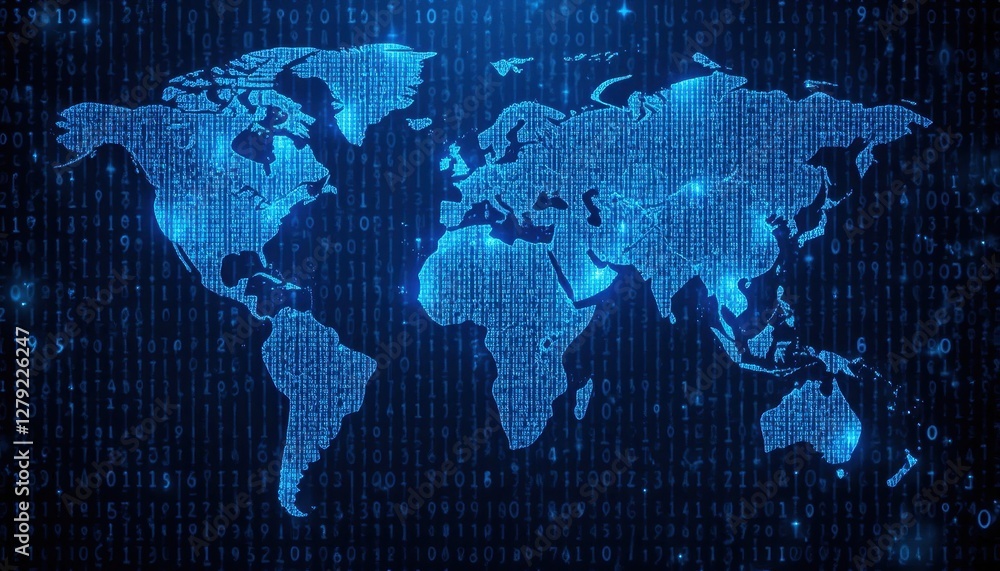Poster digital world map with binary code background in blue tones