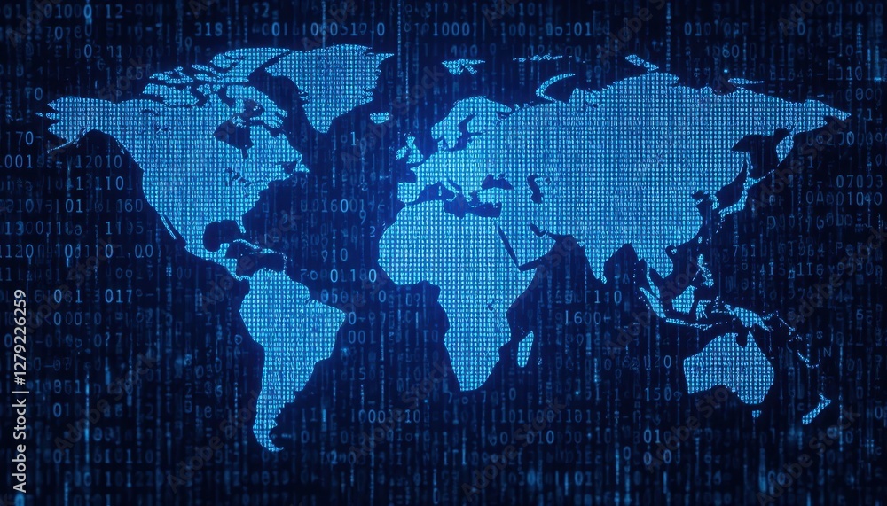 Poster blue digital world map on binary code background with glowing effect