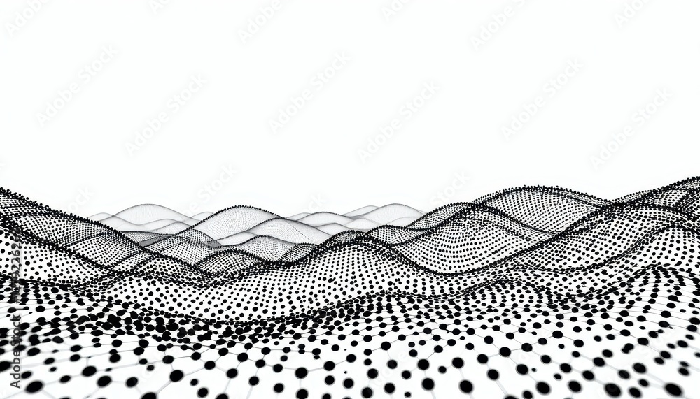 Poster abstract monochrome landscape with waves and dots in endless pattern