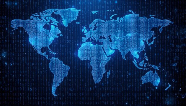 Digital World Map with Binary Code Background in Blue Tones