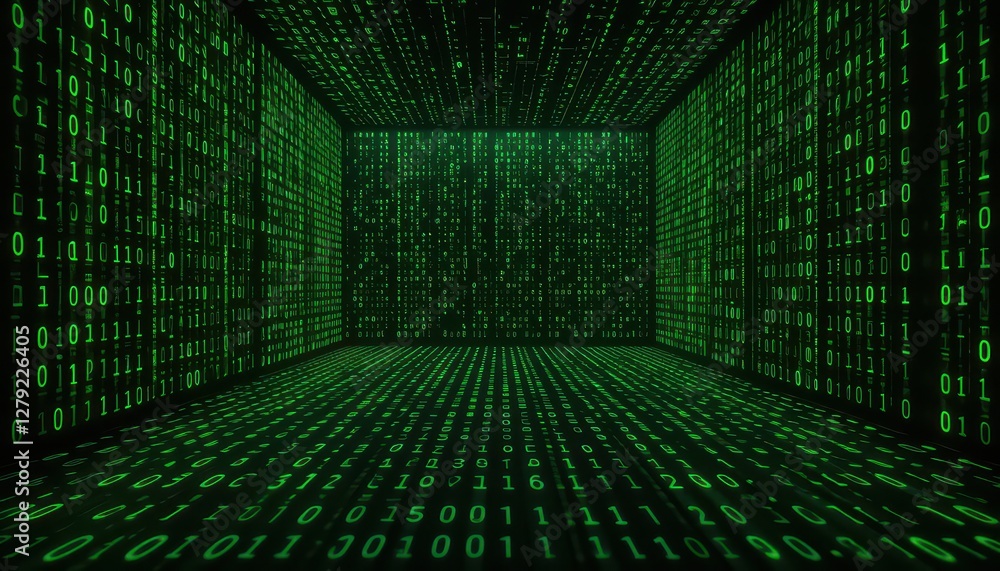 Poster green digital matrix with binary code in a futuristic space