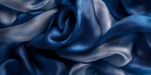 Blue silk fabric texture, draping, close-up