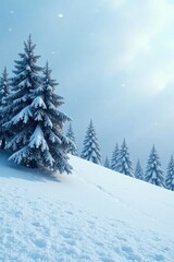 Snow-covered hilltop with trees and a few snowflakes falling, winter landscape snowy hill trees snowfall gentle breeze, cold weather