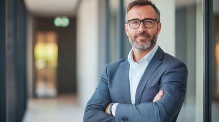 Fototapeta premium Mature businessman with glasses and beard standing confidently in a modern office hallway, exuding professionalism and leadership