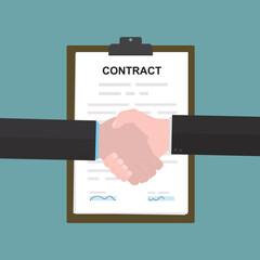 Businessman partners signing document and shake hands. Partnership, process of business financial agreement. Paper document with a signatures. Business deal, job offer.