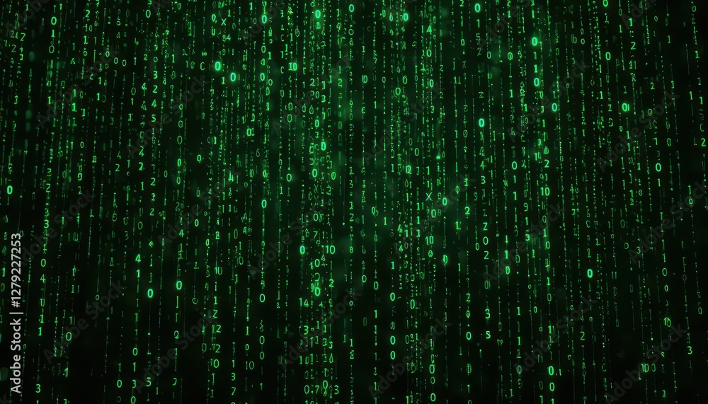 Poster green binary code rain on dark background for digital themes