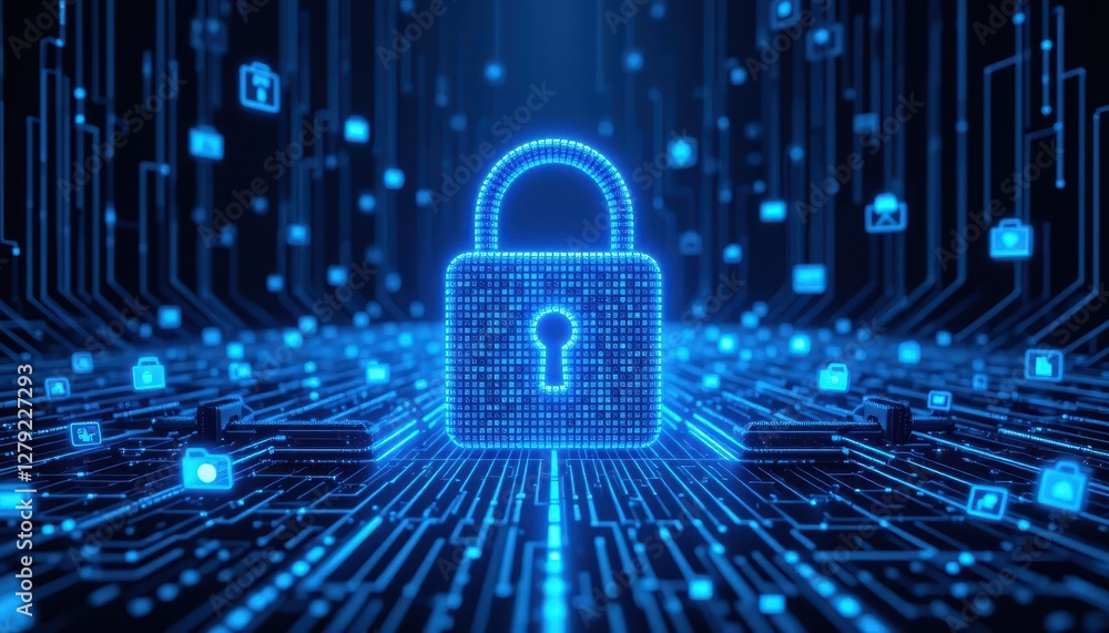 Poster digital lock and data protection concept in cyber security environment