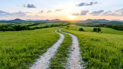 Sunset road winding through grassy hills