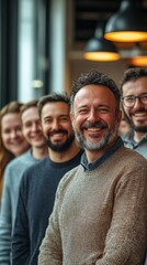 Fototapeta premium Diverse Group of Smiling Individuals in Casual Attire with Warm Lighting