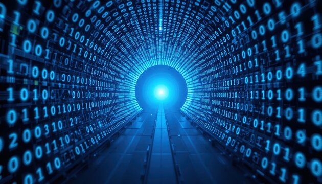 Digital Data Stream with Binary Code in a Vibrant Blue Tunnel