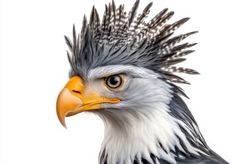 Obraz premium Close up profile of a bird of prey with a distinctive crest of gray and white feathers, a sharp yellow beak, and intense dark eyes set against a