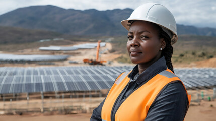 African female engineer wearing safety vest and helmet posing with crossed arms in front of a large photovoltaic power station under construction
