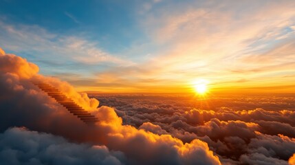 Stairs emerging from clouds leading to a heart-shaped sunset sky
