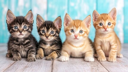 Four adorable kittens of different colors and patterns sit in a row against a light teal wooden background. They gaze directly at the camera with
