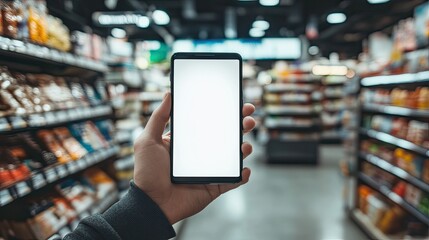 Hand holding a smartphone with a blank screen near a self-checkout counter in a supermarket.